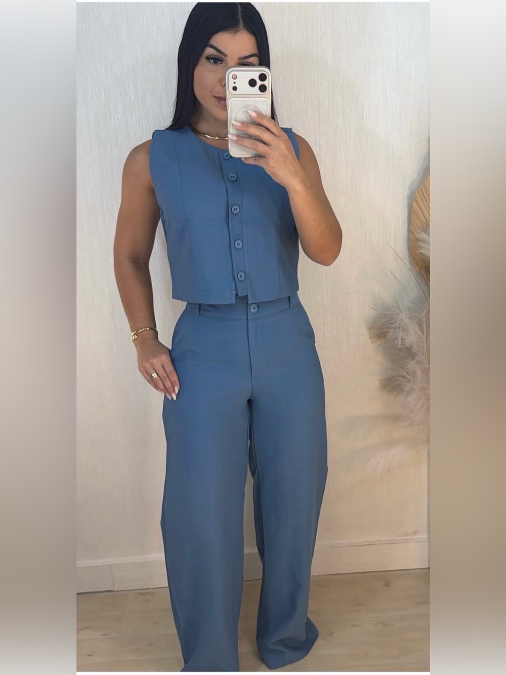 NWT- Florana Sleeveless Button Crop Top & Wide-Leg Pants Set - Slate Blue Large